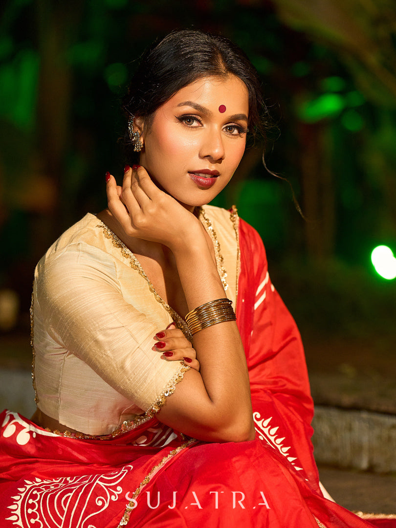 Graceful Red Chanderi Silk Saree with All-Over Handcrafted Alpana Art & Gold Trim