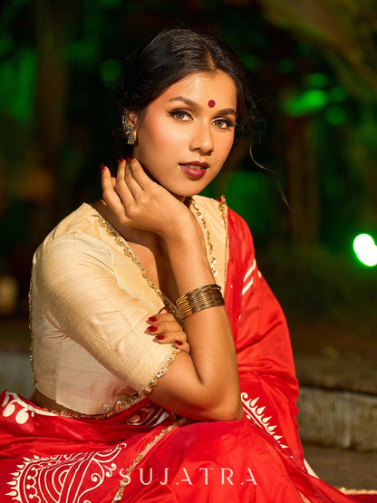 Graceful Red Chanderi Silk Saree with All-Over Handcrafted Alpana Art & Gold Trim