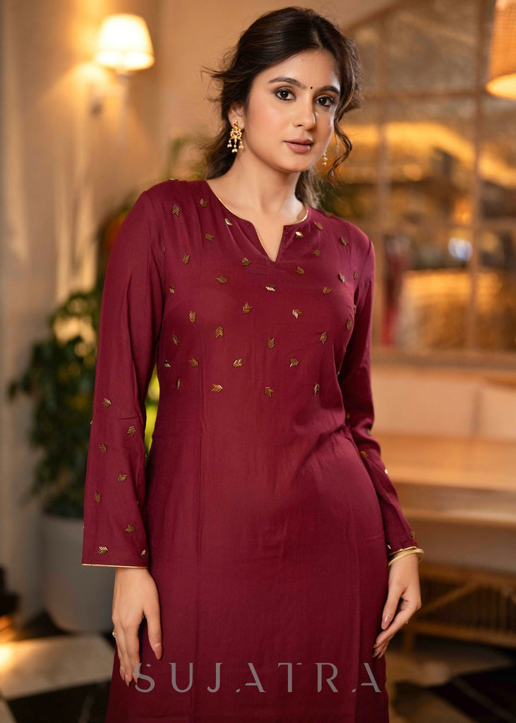 Hand Embroidered Rayon Wine Kurta - Pant Optional