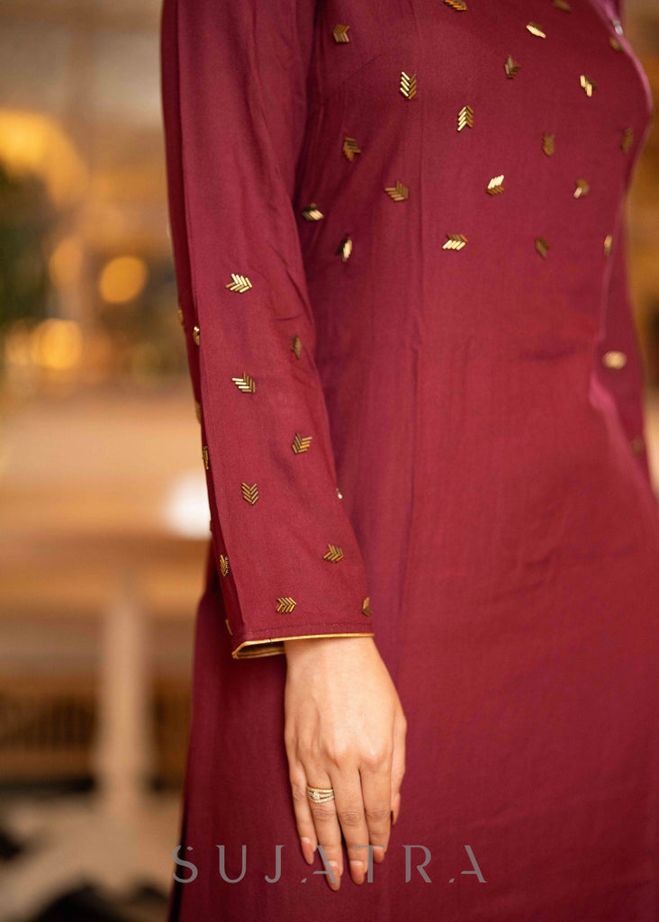 Hand Embroidered Rayon Wine Kurta - Pant Optional