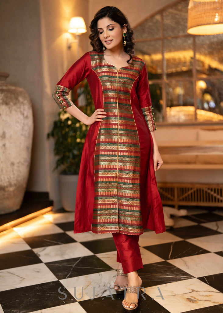 1516726: Casual Black and Grey, Red and Maroon color Satin Silk fabric Kurti