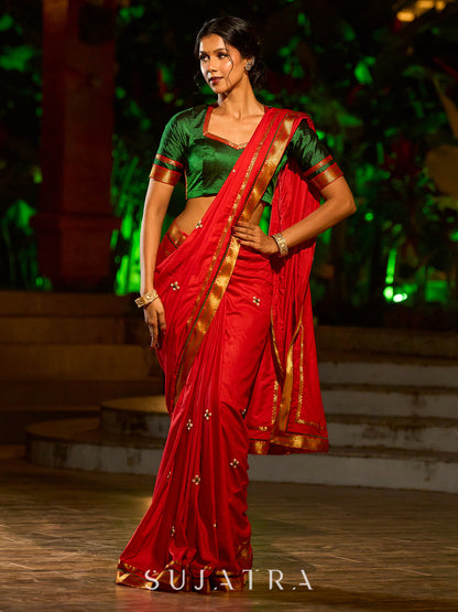 Heritage Red Assam Silk Saree with Zari Border & All-Over Hand Embroidery