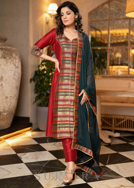 Exclusive Maroon Cotton Silk & Brocade Combination Kurta With Dupatta  - Pant Optional