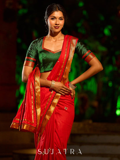 Heritage Red Assam Silk Saree with Zari Border & All-Over Hand Embroidery