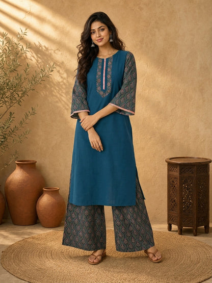 Vivid Teal Cotton Silk Straight Kurta with Contrast Printed Flared Sleeves & Yoke with Delicate Pink Lace Hem Detail