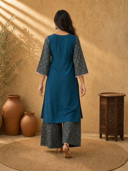 Vivid Teal Cotton Silk Straight Kurta with Contrast Printed Flared Sleeves & Yoke with Delicate Pink Lace Hem Detail