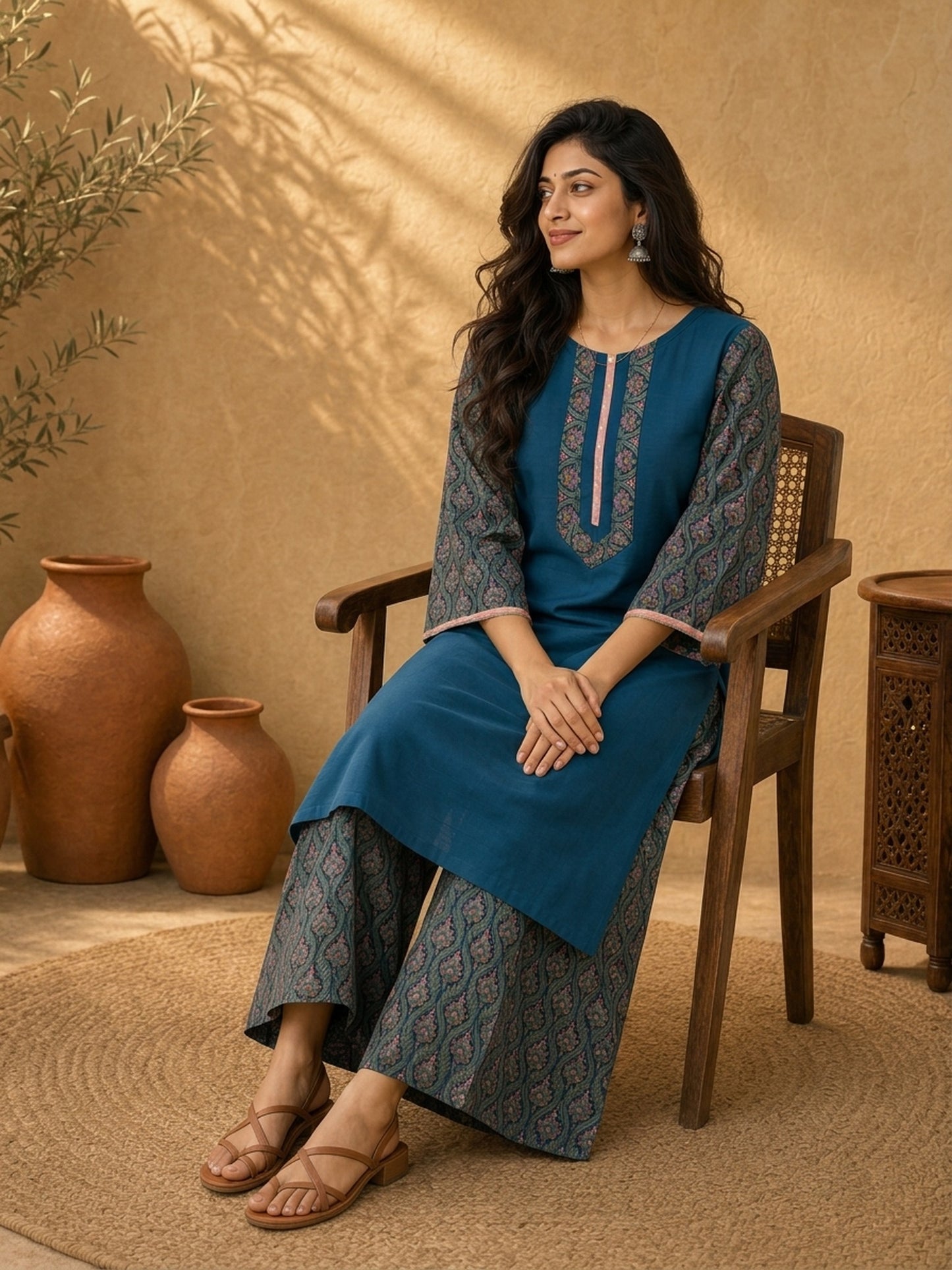 Vivid Teal Cotton Silk Straight Kurta with Contrast Printed Flared Sleeves & Yoke with Delicate Pink Lace Hem Detail
