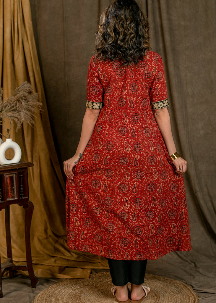 Beautiful Cotton Ajrakh A-Line Kurta / One Piece Dress with Contrast Embroidery On Neckline, Sleeves, and Side Pocket