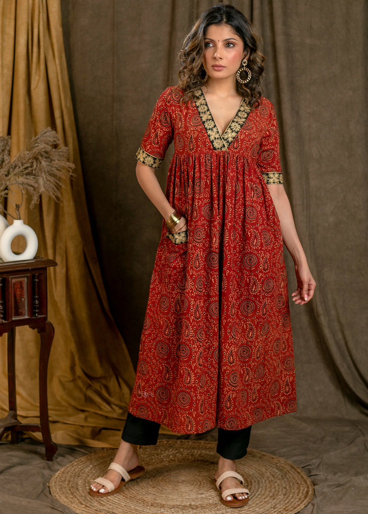 Beautiful Cotton Ajrakh A-Line Kurta / One Piece Dress with Contrast Embroidery On Neckline, Sleeves, and Side Pocket