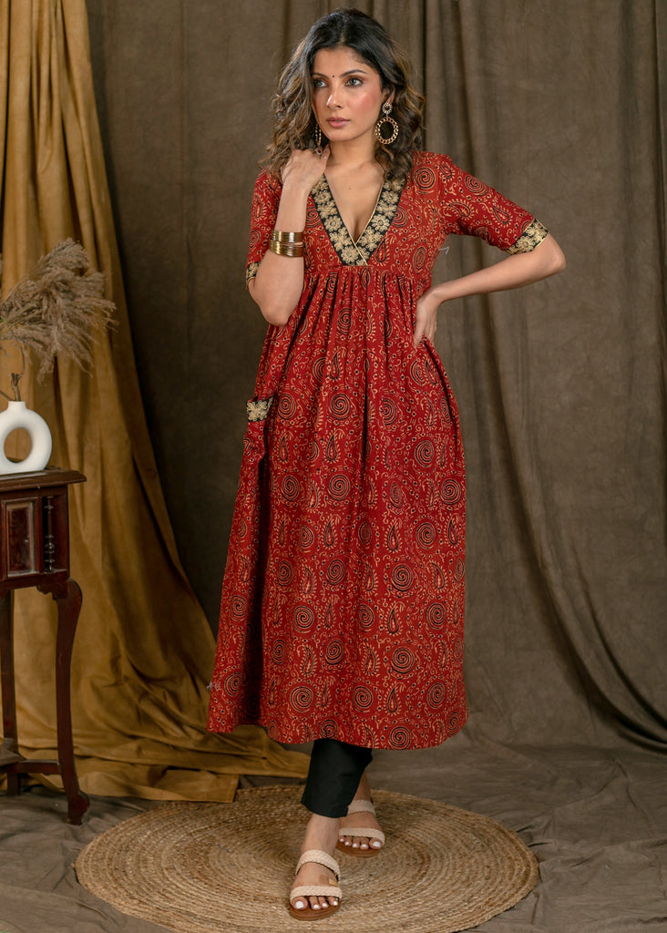 Beautiful Cotton Ajrakh A-Line Kurta / One Piece Dress with Contrast Embroidery On Neckline, Sleeves, and Side Pocket