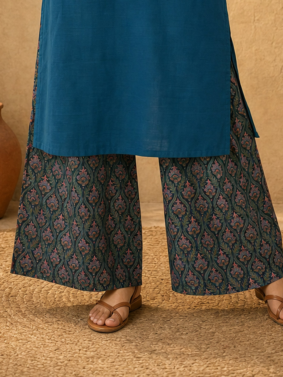 Vivid Teal Printed Straight Pant