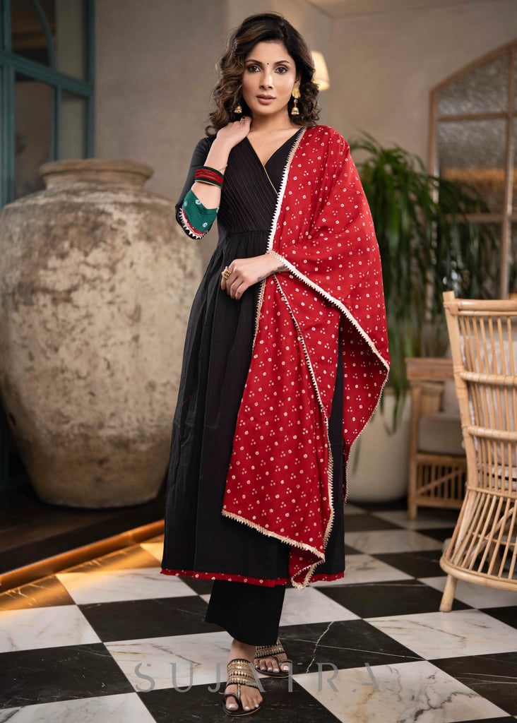 Stylish Black Cotton Pant & A Line Kurta With Pin tucks & Bandhani Detailing - Dupatta Optional