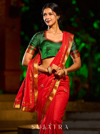 Heritage Red Assam Silk Saree with Zari Border & All-Over Hand Embroidery