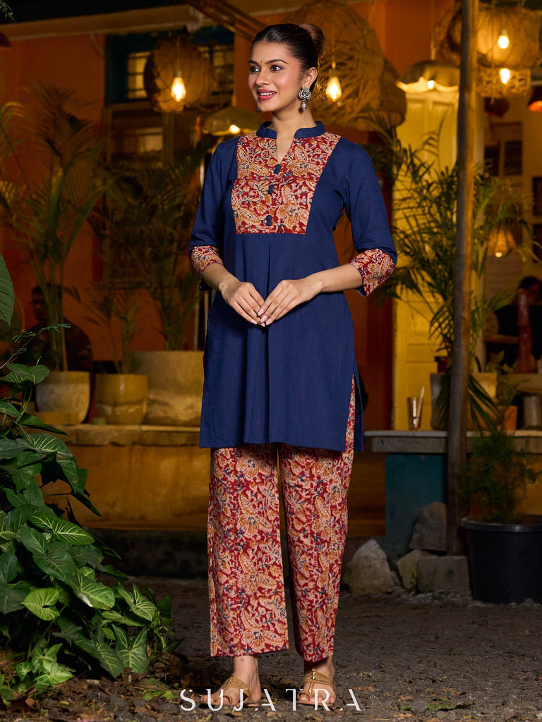 Minimal Navy Blue short kurta featuring an Ajrakh patch.