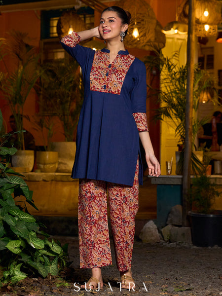 Minimal Navy Blue short kurta featuring an Ajrakh patch.