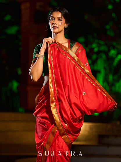 Heritage Red Assam Silk Saree with Zari Border & All-Over Hand Embroidery