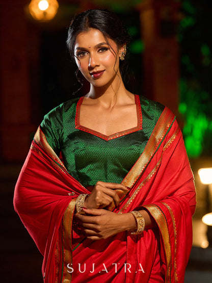 Heritage Red Assam Silk Saree with Zari Border & All-Over Hand Embroidery
