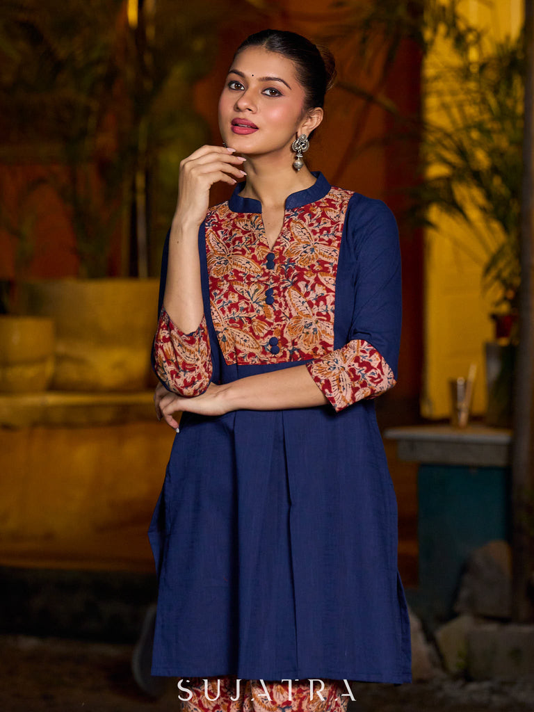 Minimal Navy Blue short kurta featuring an Ajrakh patch.