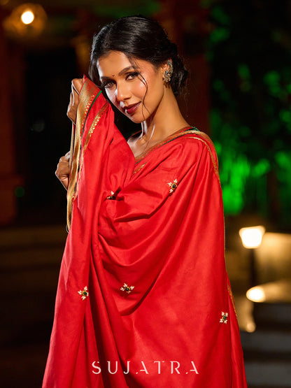 Heritage Red Assam Silk Saree with Zari Border & All-Over Hand Embroidery