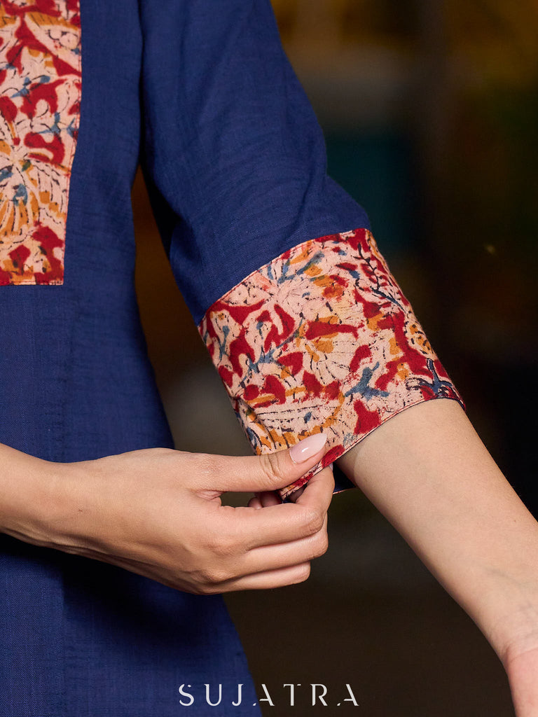 Minimal Navy Blue short kurta featuring an Ajrakh patch.