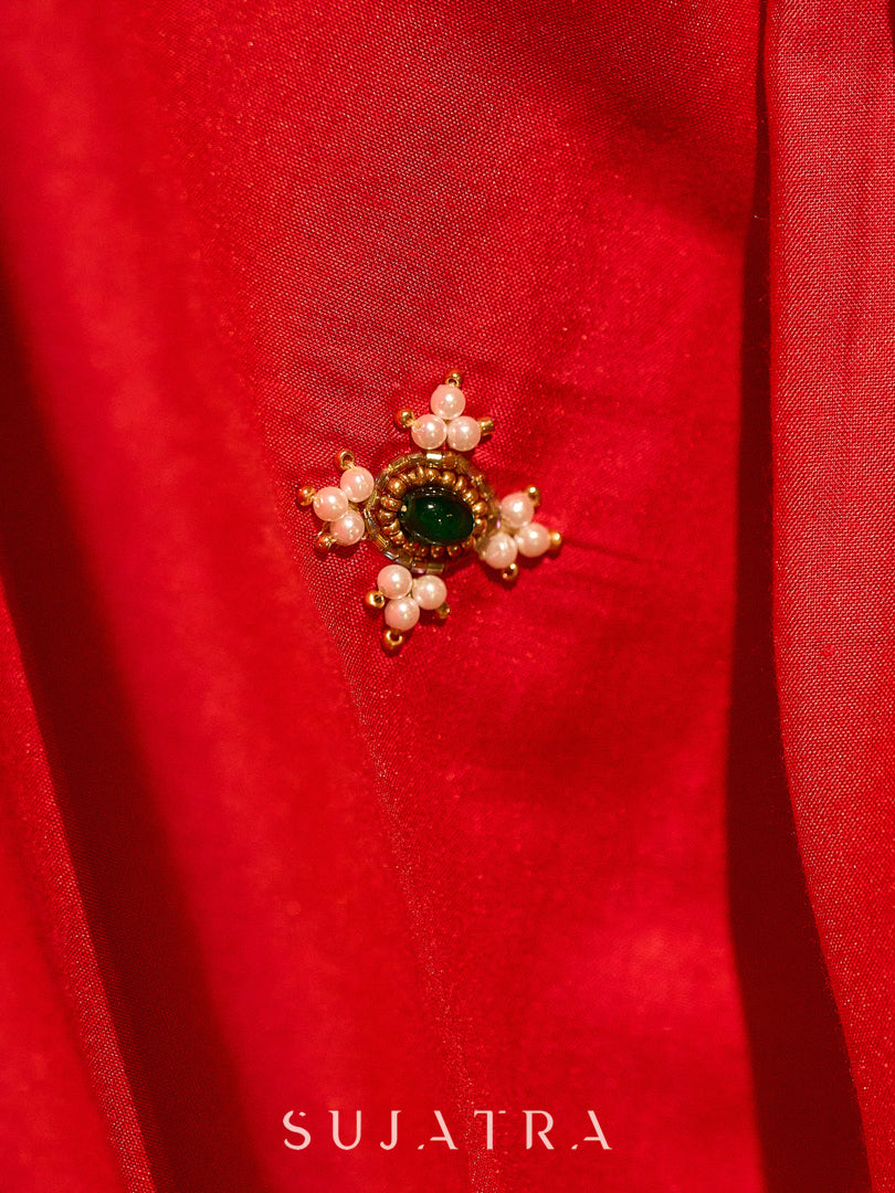 Heritage Red Assam Silk Saree with Zari Border & All-Over Hand Embroidery