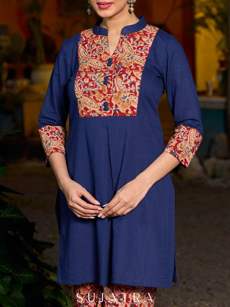 Minimal Navy Blue short kurta featuring an Ajrakh patch.