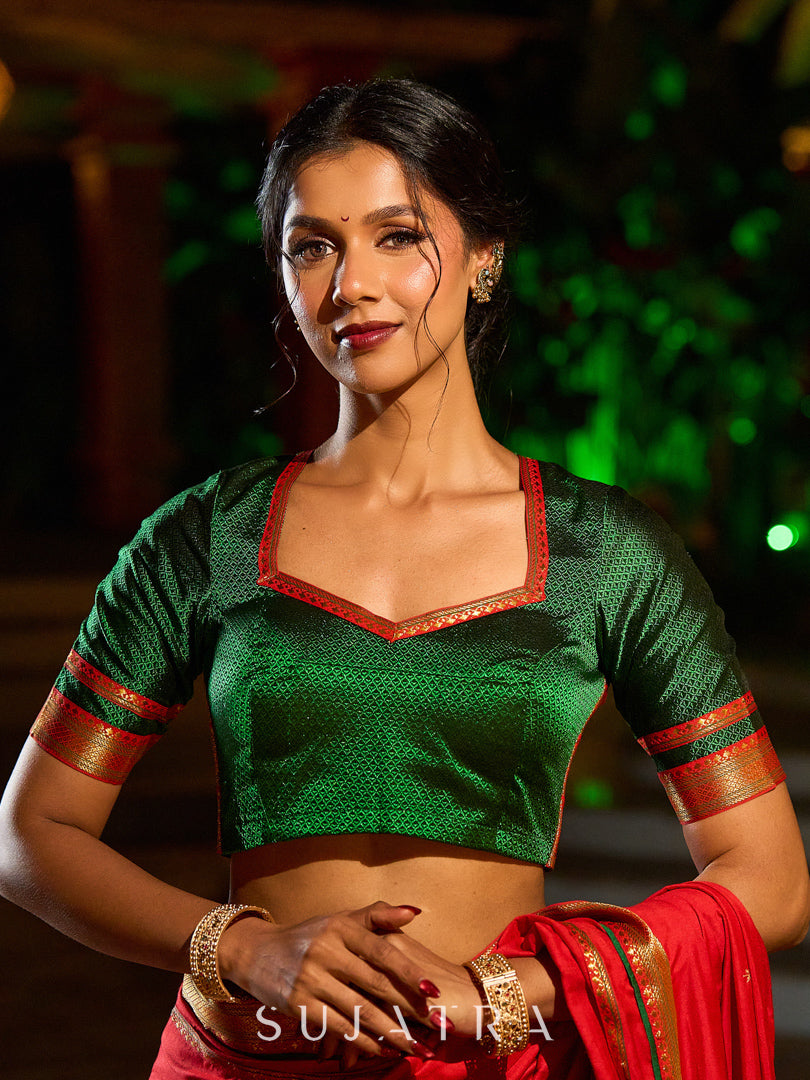 Heritage Red Assam Silk Saree with Zari Border & All-Over Hand Embroidery