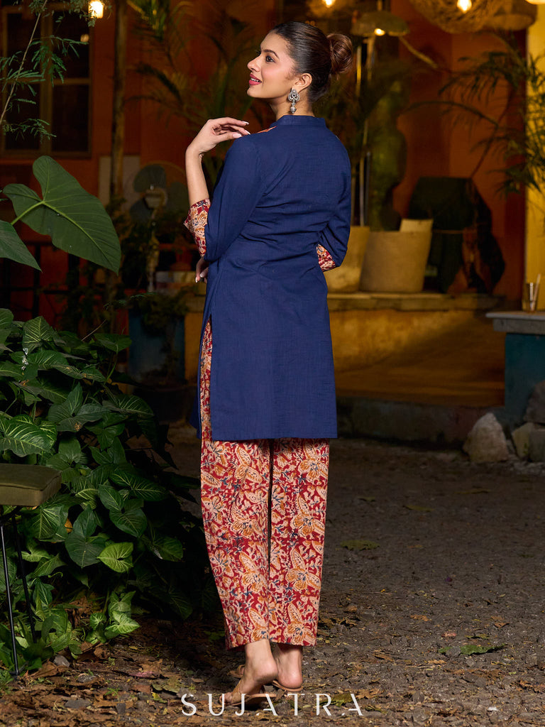 Minimal Navy Blue short kurta featuring an Ajrakh patch.
