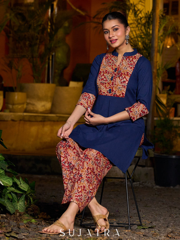 Minimal Navy Blue short kurta featuring an Ajrakh patch.