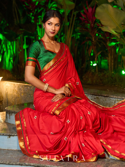 Heritage Red Assam Silk Saree with Zari Border & All-Over Hand Embroidery