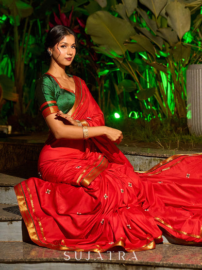 Heritage Red Assam Silk Saree with Zari Border & All-Over Hand Embroidery