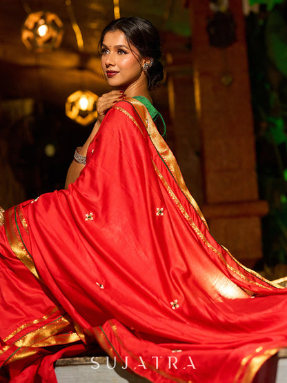 Heritage Red Assam Silk Saree with Zari Border & All-Over Hand Embroidery