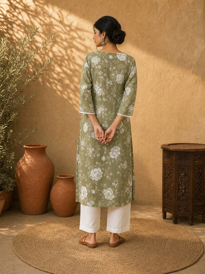Simple Sage Green All-Over Floral Print Rayon Kurta with Contrast White Ric Rac Placket & Sleeve Trim
