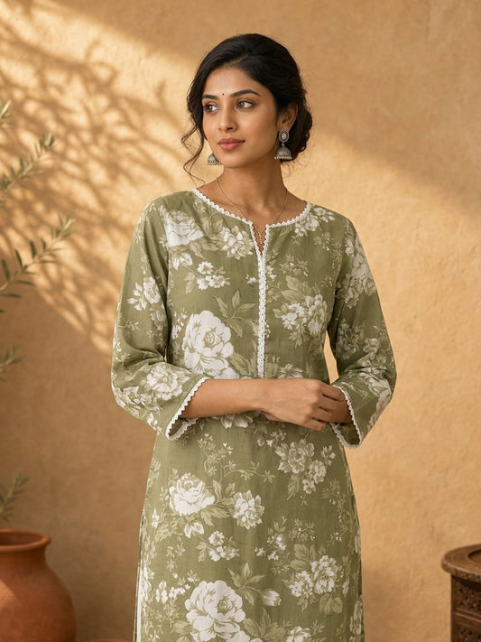 Simple Sage Green All-Over Floral Print Rayon Kurta with Contrast White Crochet Lace Placket & Sleeve Trim