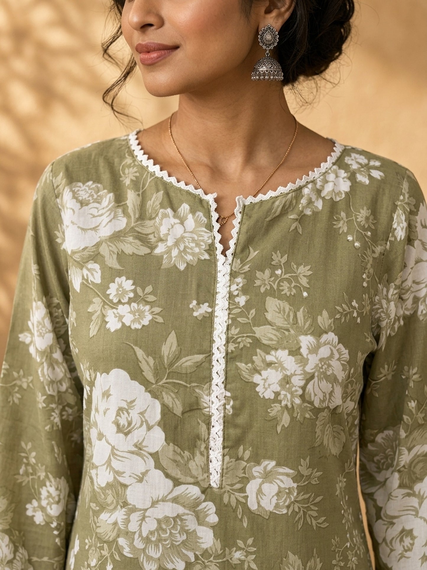 Simple Sage Green All-Over Floral Print Rayon Kurta with Contrast White Ric Rac Placket & Sleeve Trim