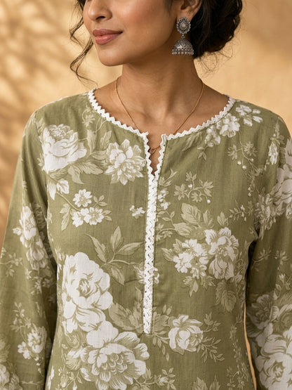 Simple Sage Green All-Over Floral Print Rayon Kurta with Contrast White Ric Rac Placket & Sleeve Trim