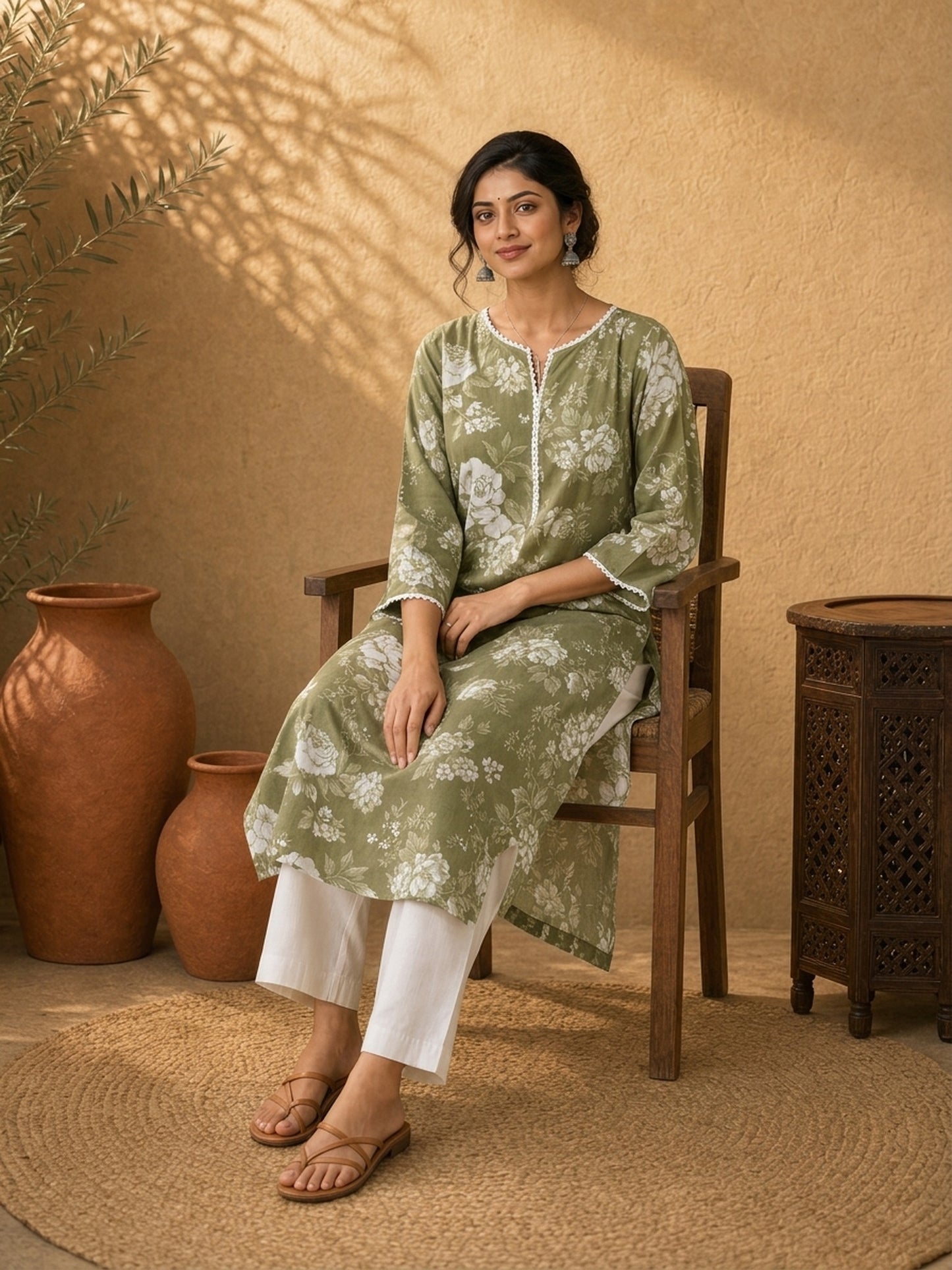 Simple Sage Green All-Over Floral Print Rayon Kurta with Contrast White Ric Rac Placket & Sleeve Trim