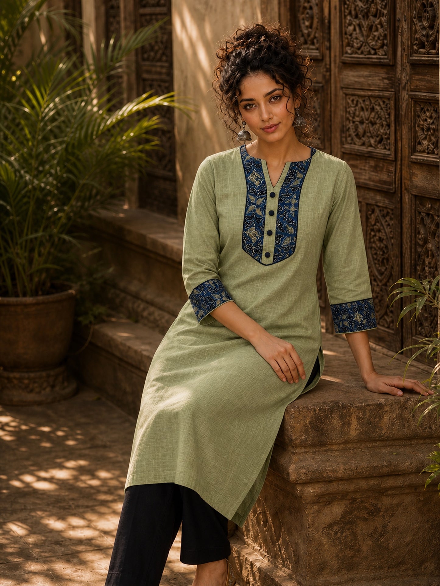 Sage Green Cotton Kurta with Ajrakh Yoke Panel & Matching Cuff Band