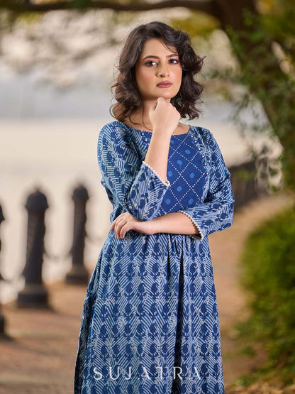 Indigo Printed Kurta with Statement Neck Patch, Flowing Gathers and Pearl Embellished Sleeves