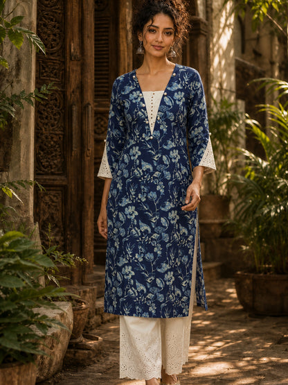 Bold Navy Blue Floral Print Kurta with Ivory Hakoba Cuffs & Pearl Embellished Placket