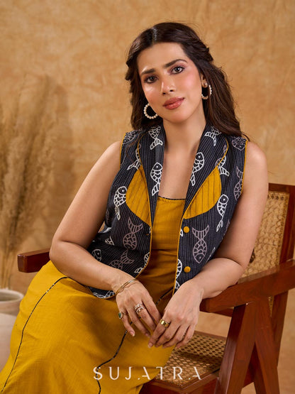Tailored black Kantha jacket featuring fish motifs, a mustard pintuck patch, and a flipped collar, offering a structured silhouette with refined detail and distinctive, contemporary character.