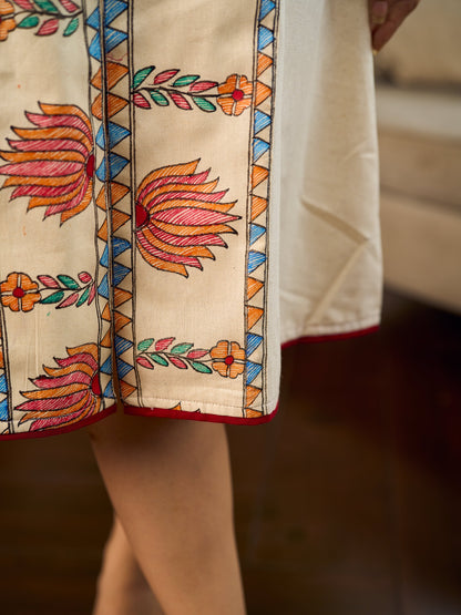 Artisan-crafted off-white Madhubani dress with beautiful hand-painted motifs and trim.
