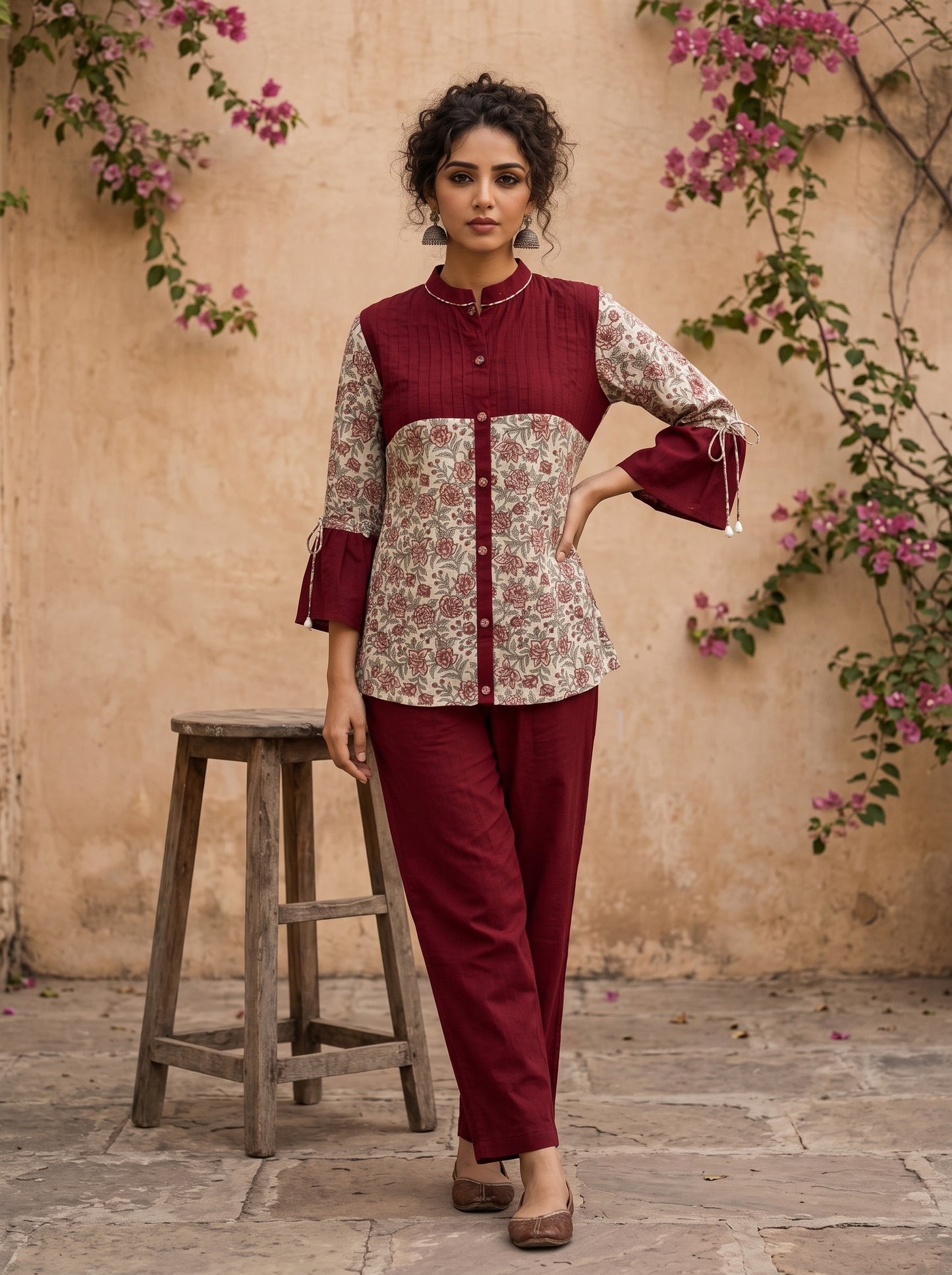 Graceful Jaipur printed floral shirt with maroon pintuck detailing, drawstring sleeves, and effortless feminine charm.