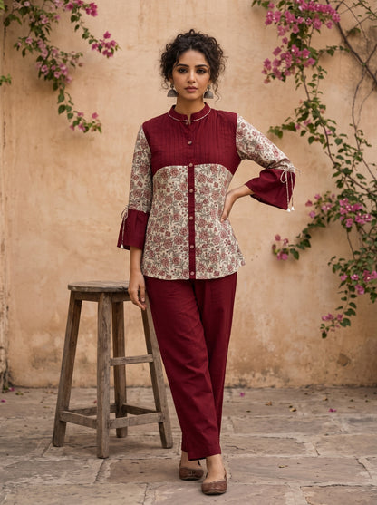 Graceful Jaipur printed floral shirt with maroon pintuck detailing, drawstring sleeves, and effortless feminine charm.