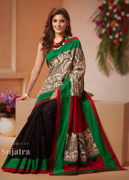 Madhubani printed saree with black chanderi & maroon cotton silk combination - Sujatra
