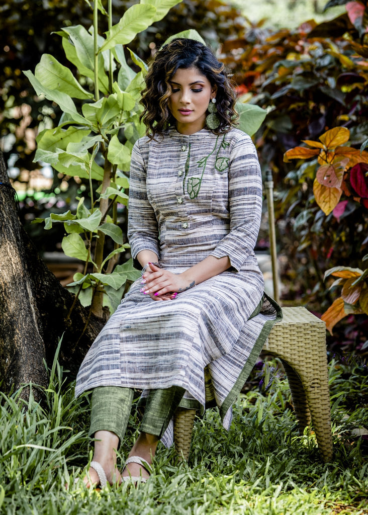 Exclusive handloom cotton kurta with embroidered motifs