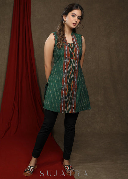 Classy bottle green ikat combination tunic