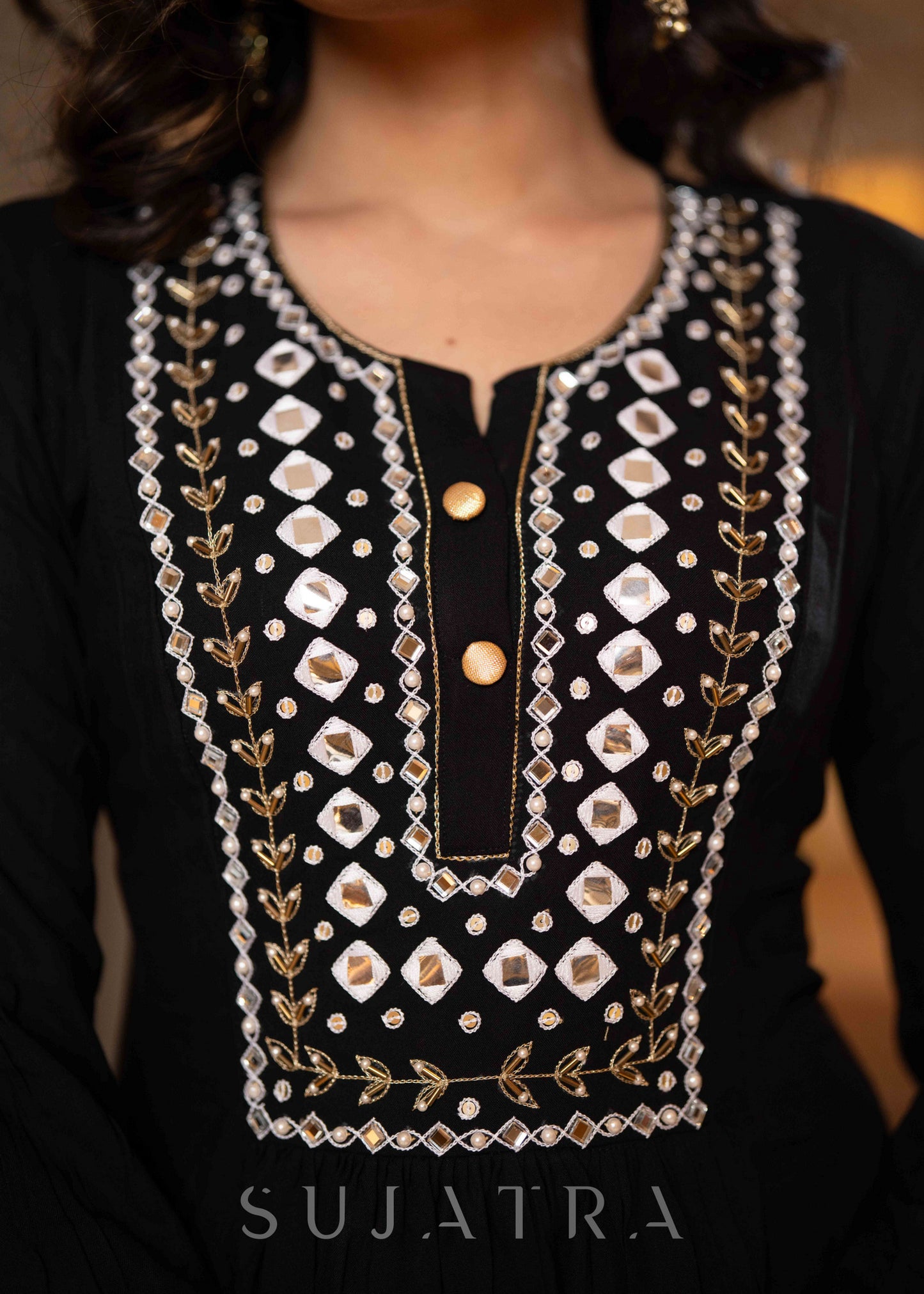 Hand Embroidered Black Rayon A Line Kurta