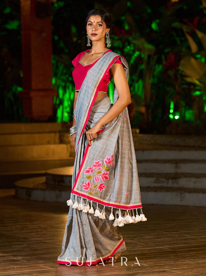 Delicate Grey Saree with Sequin Detailing  & Pink Floral Embroidery & Pink Border with Lace Accent