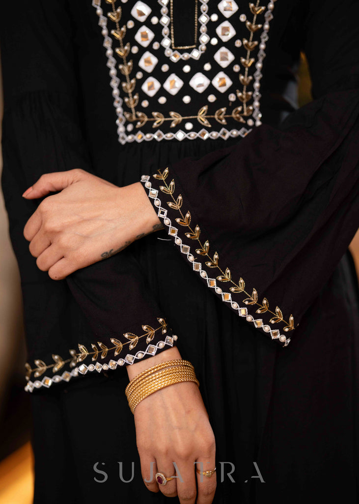 Hand Embroidered Black Rayon A Line Kurta With Pant  - Dupatta Optional
